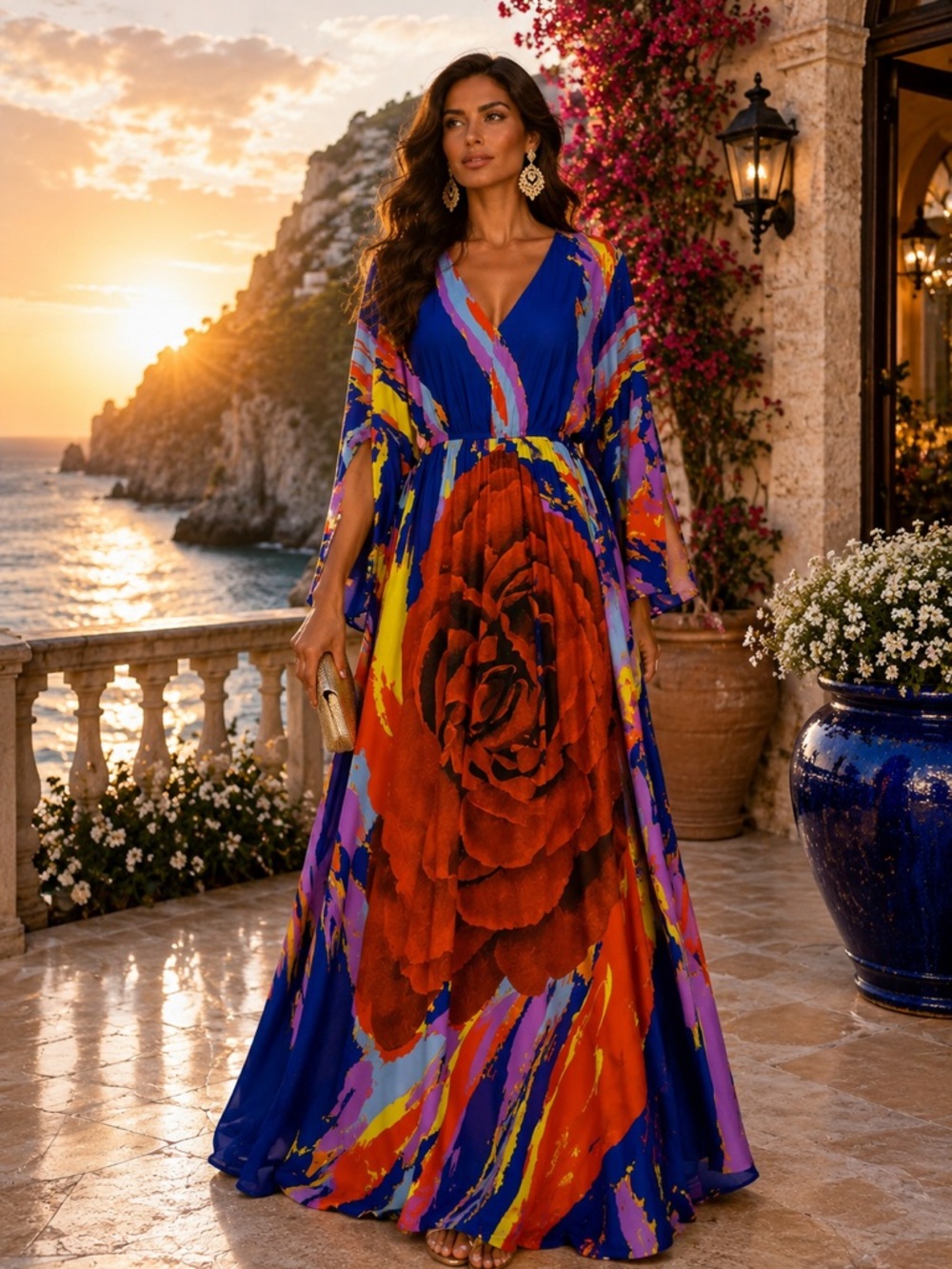 Ashley Stewart Maxi Dress 18/20 Statement Floral Resort Vacation Belted